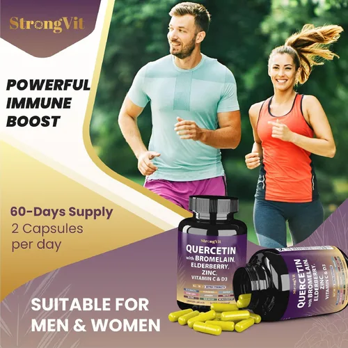 Miniatura 4 de StrongVit Quercetina con bromelina, saúco, vitamina C, D3 y zinc. Suplemento de apoyo súper inmunológico. Complejo orgánico para hombres y mujeres