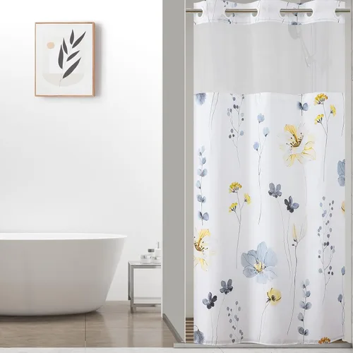 Miniatura 21 de QiyI Cortina de ducha de flores con forro a presión, cortina de baño de tela floral de acuarela azul beige, cortinas de ducha sin gancho con ventana