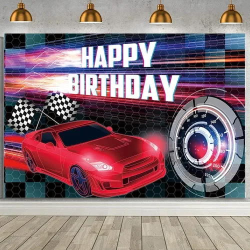Miniatura 10 de MEHOFOND Telón de fondo negro de 7 x 5 pies, decoración de fiesta de carreras para niños, cartel de fiesta de cumpleaños con temática de auto