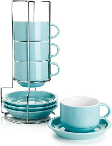 Miniatura 12 de Sweese - Juego de 4 tazas de espresso apilables de porcelana de 4 onzas con platillos y soporte de metal, color turquesa