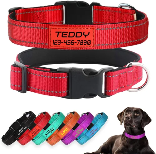 Miniatura 7 de Collares para perros personalizados, nailon reflectante personalizado con nombre de mascota y número de teléfono, ajustable en 5 tamaños y 3