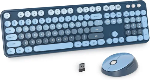 Miniatura 11 de Teclado y mouse azules, bonito combo de teclado y mouse inalámbricos, teclado de máquina de escribir de tamaño completo con teclado numérico, azul