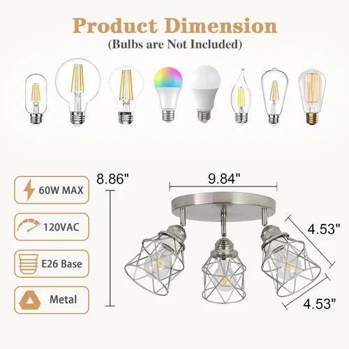 Miniatura 6 de Accesorios de iluminación de cocina - Lámpara de techo de 3 luces multidireccional con base E26, montaje empotrado ajustable para cocina de granja