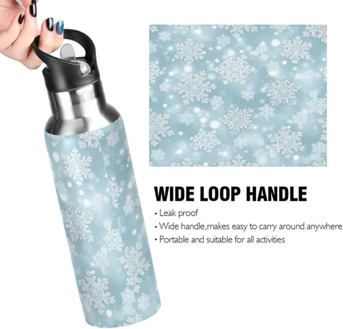 Miniatura 4 de Botella de agua aislada con copos de nieve blancos plateados de 32 onzas, botella de agua deportiva sin BPA aislada a prueba de fugas