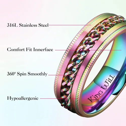 Miniatura 77 de King Will - Anillo antiestrés de acero inoxidable 316L para hombres y mujeres, con cadena decorativa giratoria, 8 mm de ancho, anillo de boda