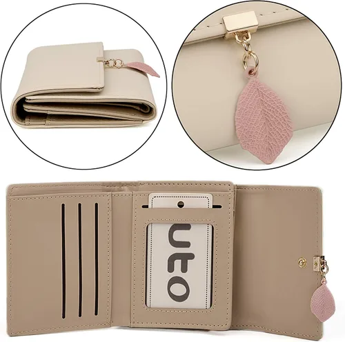 Miniatura 63 de UTO - Cartera pequeña RFID de piel sintética con dije de hoja, cierre de cremallera y tarjetero.