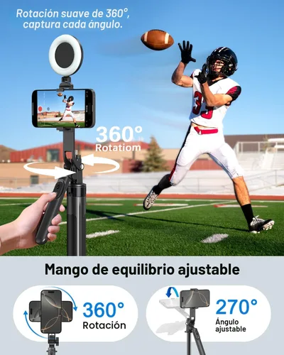 Miniatura 5 de Kit de vlogging para iPhone/Android, trípode para selfie stick de 180 cm para iPhone con luz de relleno, micrófono inalámbrico y control remoto