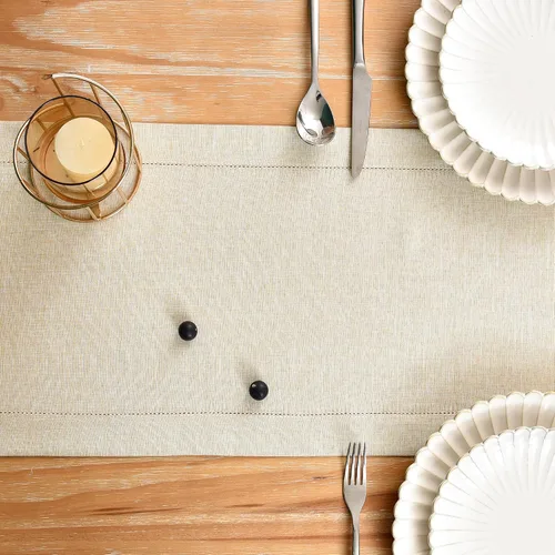 Miniatura 4 de NEWISHER Camino de mesa rústico de lino sintético con borde de vainica, decoración de mesa rectangular beige sólido para comedor, mesa auxiliar