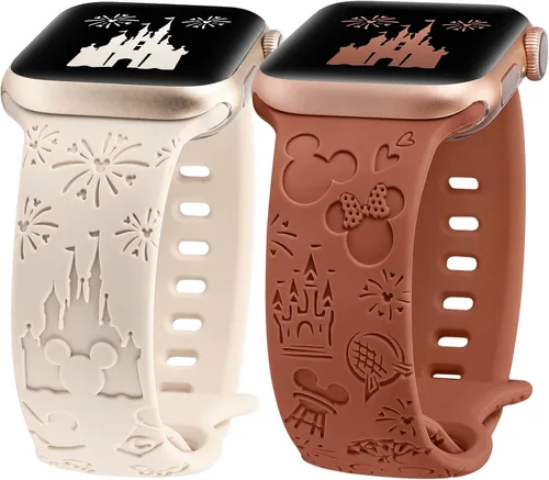 2 paquetes de correas grabadas con dibujos animados compatibles con Apple Watch de 38/40/41/42/44/45/46/49 mm, correa de silicona suave y linda para