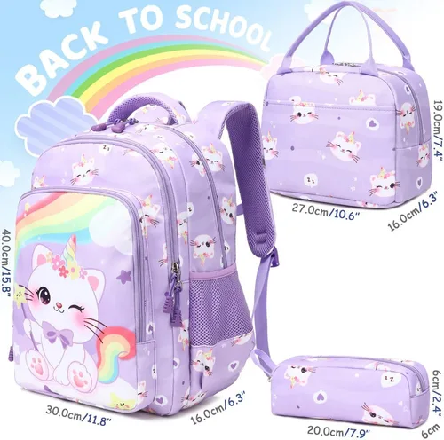 Miniatura 21 de Juego de mochila para niñas y adolescentes, mochila escolar para niños con bolsa para el almuerzo, estuche para lápices, mochilas escolares