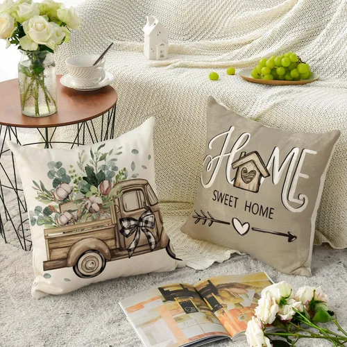 Miniatura 4 de AVOIN colorlife - Fundas de cojín estilo granja con mensaje Bless Our Home, diseño de hojas de eucalipto y camión azul Home Sweet Home, 16 x 16