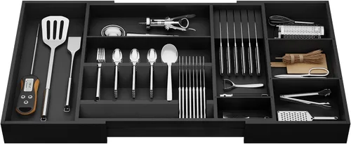 Miniatura 8 de Organizador de cajones de cubiertos de bambú, organizador de cajones de cocina grande expandible de 17.7-29.5 pulgadas, cubiertos de 5 a 8 ranuras