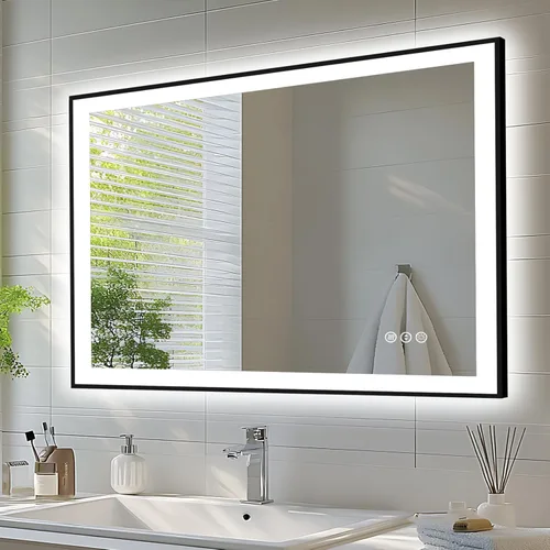 Miniatura 73 de EchosLife Espejos de baño LED de 20 x 28 pulgadas para pared, marco de aluminio negro (frontal y retroiluminado), espejo de tocador antivaho