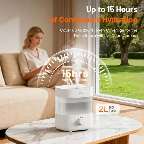 Miniatura 3 de Humidificadores para dormitorio, tanque de 2 L para 15 horas, tiempo de niebla silenciosa de 20 dB, boquillas dobles, apagado automático, rotación