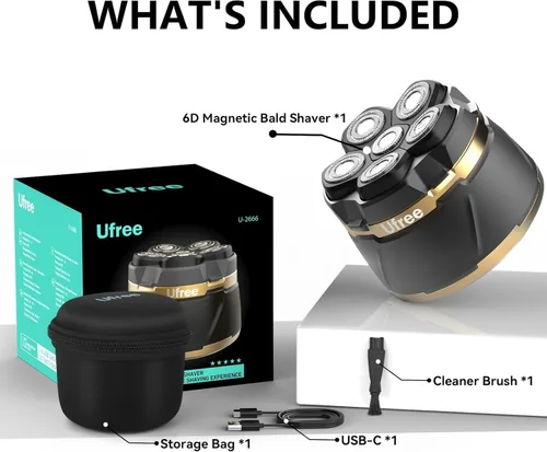Miniatura 10 de Ufree Afeitadoras de cabeza para hombres calvos, afeitadoras eléctricas, afeitadora recargable para cabeza calva, afeitadora rotativa magnética 6D