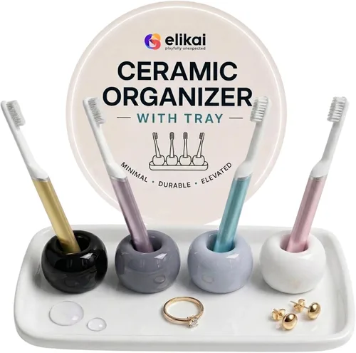 Miniatura 12 de ELIKAI Porta cepillos de dientes de cerámica con bandeja de baño, organizador de encimera para cepillos de dientes y accesorios, juego de soporte