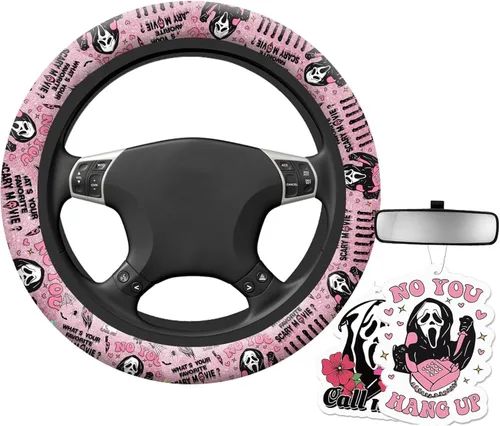 Funda de volante de fantasma de Halloween No te cuelgues Accesorios para automóvil para hombres y mujeres con 2 ambientadores, fundas