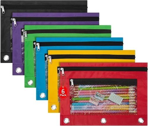 IKAYAS Paquete de 6 bolsas para lápices para carpeta de 3 anillos, bolsas para lápices para aula, estuche a granel para lápices para almacenar