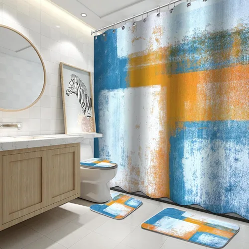 Miniatura 23 de Lnond 4 Piezas Juegos de Cortinas de Ducha de Baño Moradas con Alfombras, Arte de Pintura Púrpura y Gris Juegos de Baño con Cortina de Ducha