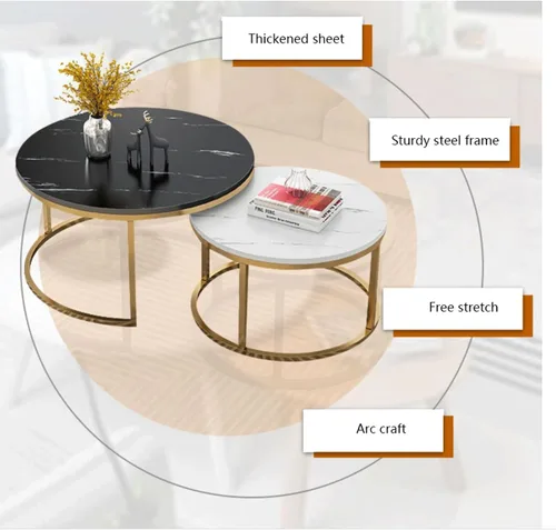 Miniatura 5 de Mesa - Juego de 2 mesas de centro redondas con parte superior de mármol sintético, mesa auxiliar moderna d metal e esquina anidable mesa de cóctel