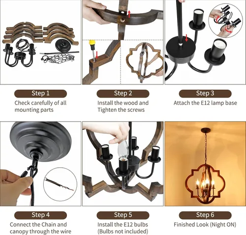 Miniatura 9 de Lámpara de araña de madera de granja de 19.49 pulgadas, lámpara rústica de comedor de 4 luces, lámpara de araña de altura ajustable, iluminación