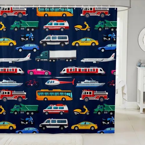 Miniatura 7 de Cortina de baño de tren de dibujos animados, cortina de ducha de tren rojo y azul para niños, juego de cortina de ducha para vehículos para niños