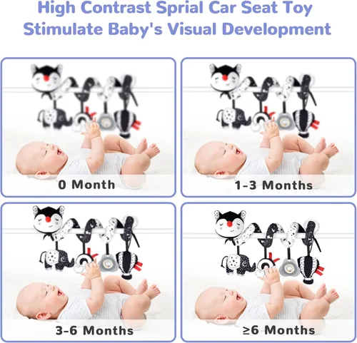 Miniatura 3 de XIXILAND Juguetes de Coche Musicales para Asiento de Bebé en Negro y Blanco, Juguetes para Bebés, Juguetes para Niños de 0 a 6 Meses, Juguetes