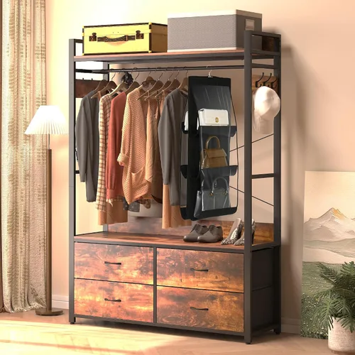 Perchero para ropa con cajones, perchero para ropa con estantes y varilla para colgar, perchero de ropa industrial con almacenamiento para bolsas,