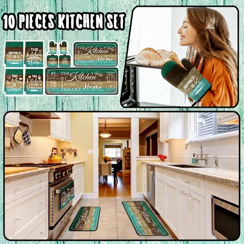Miniatura 2 de Fourluoo Juego de 10 piezas de decoración y accesorios de cocina de granja, 4 toallas de cocina, 2 soportes para ollas, 2 guantes de horno, 2 Verde