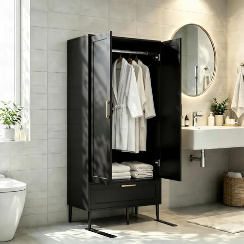 Armario Morden para dormitorio, armario con barra para colgar, 60 pulgadas, 2 puertas, para ropa con cajones, armario de almacenamiento Morden, Negro