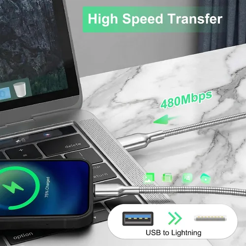Miniatura 4 de Cable USB a Lightning de 6.6 pies a prueba de mordidos, cable de carga para iPhone a prueba de perros y gatos, cable de carga para iPhone plateado