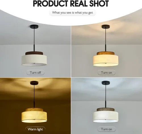 Miniatura 5 de Lámpara colgante de granja de 3 luces, lámpara colgante de tambor de 2 niveles con pantalla de tela de 13 pulgadas, lámpara colgante rústica