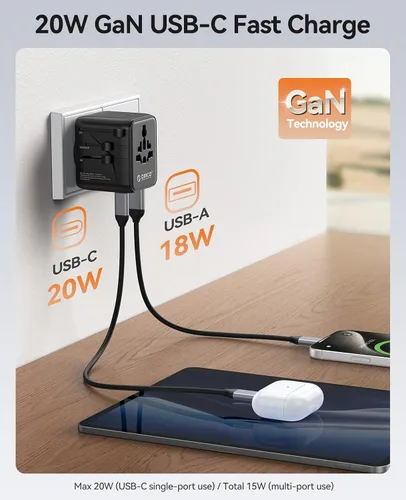 Miniatura 3 de ORICO Adaptador de viaje universal con 2 CA 2 USB-C y 1 conector USB-A, adaptador de corriente internacional PD 20W, cargador de pared esencial