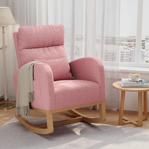 GarveeHome Mecedora moderna, con bolsillos laterales y almohada, silla mecedora para sala de estar, dormitorio, sala de lactancia, color rosa