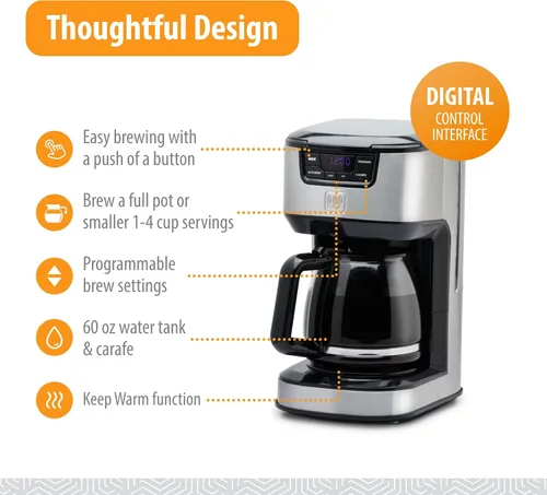Miniatura 3 de Toastmaster Cafetera digital de goteo de 12 tazas, máquina de café automática programable, electrodoméstico de cocina con ajuste para mantener