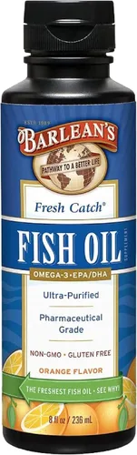 Barlean's Suplemento líquido de aceite de pescado Omega 3, 1262 mg de ácidos grasos EPA y DHA, sin OMG y sin gluten, sabor a naranja, 8 onzas