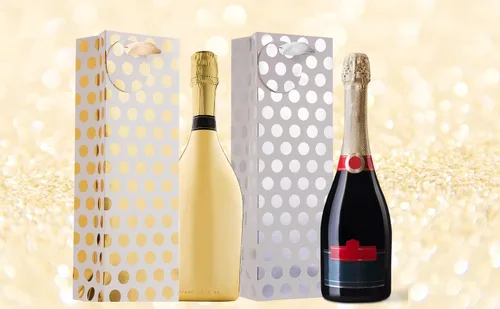 Miniatura 4 de UNIQOOO 12 bolsas de regalo de vino con lunares metálicos dorados y plateados de alta calidad, con etiqueta de masaje de regalo, papel 100%