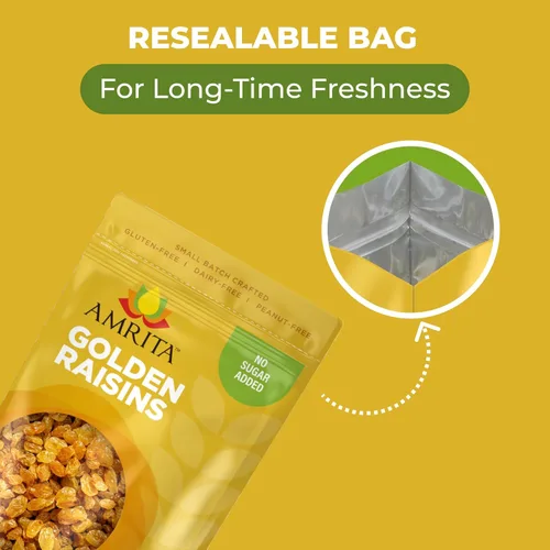 Miniatura 4 de Amrita Golden Raisins 1 libra Sin azúcar añadido, naturalmente dulce, sultanas secas sin gluten, Kishmish Empaquetadas frescas en bolsas