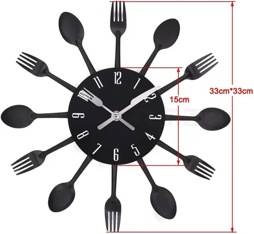 Miniatura 4 de Reloj de pared creativo con cuchillo de tenedor, cubertería de cocina, novedoso reloj colgante decorativo, cuchara de acero inoxidable, reloj Negro