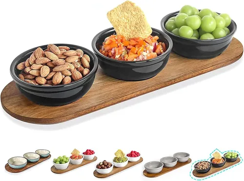 Miniatura 9 de Artena Juego de 6 Tazas de 177ml de Cerámica Sólida Turquesa para Chips y Dip con Bandeja de Madera de Acacia, Tazas de Servir Pequeñas de 11.4cm