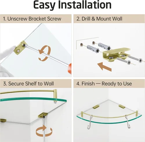Miniatura 7 de KES Estante para esquina de vidrio para baño con barandilla de vidrio templado y soporte de pared flotante SUS 304 de acero inoxidable en oro Oro