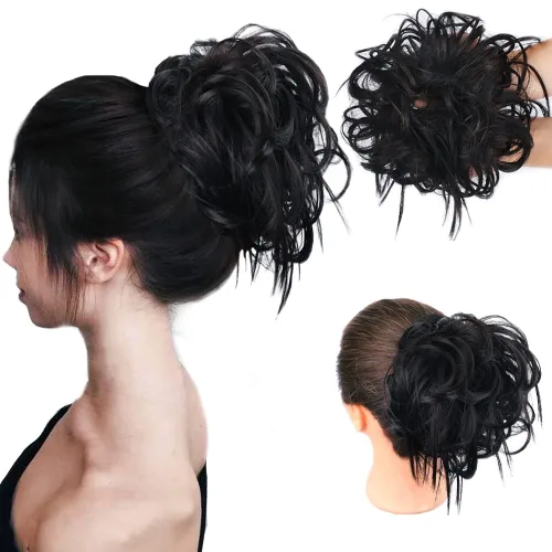 Miniatura 14 de HMD - Extensiones de cabello tipo chongo alborotado con rodelo despeinado, banda elástica de goma, extensiones de cabello sintético para mujer
