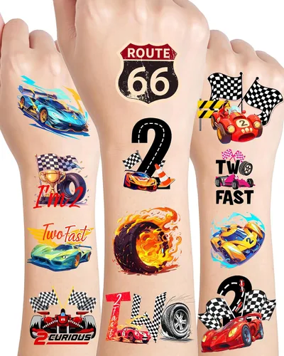 216 tatuajes temporales rápidos para decoraciones de fiestas temáticas de autos de carreras, 2 calcomanías rápidas y 2 de estilo curioso, tatuajes