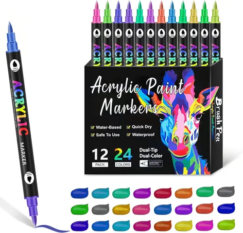Marcadores de pintura acrílica de 24 colores, rotulador de dibujo de doble punta para arte de adultos, pintura roca, cerámica, madera, plástico,