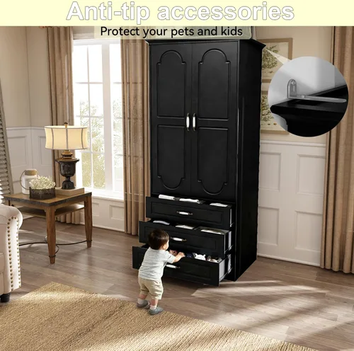 Miniatura 8 de FJTJBSI Armario Armario con 3 cajones y luz LED de 72 pulgadas, armario de madera para dormitorio con 2 puertas y manijas de puerta de cerámica