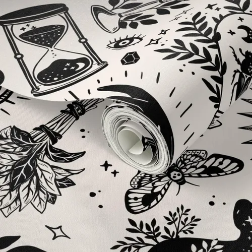 Miniatura 2 de Spoonflower Papel tapiz para despegar y pegar, color negro, blanco, gótico, gótico, mágico, de Halloween, bruja, monocromático, extraíble