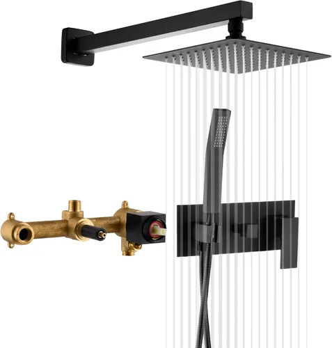 SUMERAIN Sistema de ducha de lluvia negro mate con ducha de mano, válvula mezcladora de ducha de equilibrio de presión