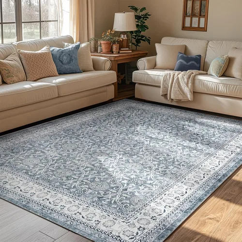 Miniatura 69 de Jinchan Fiora - Alfombra redonda de 8 pies, alfombras vintage con diseño floral envejecido, lavable a máquina, antideslizante, de pelo bajo, Azul