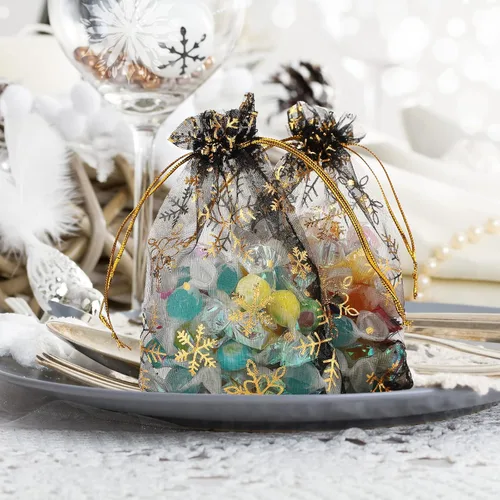 Miniatura 7 de Roowest 100 bolsas de regalo de organza con copos de nieve de 4 x 6 pulgadas, pequeñas bolsas de malla para joyas, mini cordón para dulces, bolsas