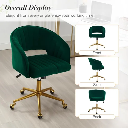 Miniatura 8 de Silla de escritorio giratoria para oficina en casa, moderna silla de escritorio de terciopelo, sillón de altura ajustable con base dorada, silla
